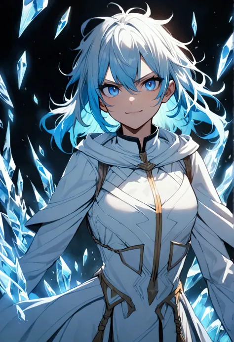 teenage girl, messy hair, medium length hair, brown and light blue multicolored hair, medium fringe elongated at the edges excited smile, serious face, blue eyes, stylish blue and white archer outfit, aura of ice 