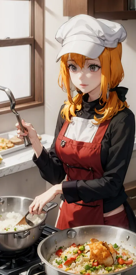 Create a virtual female chef who is stirring fried rice at the stove. and wears a red chefs shirt and chefs hat on a white background