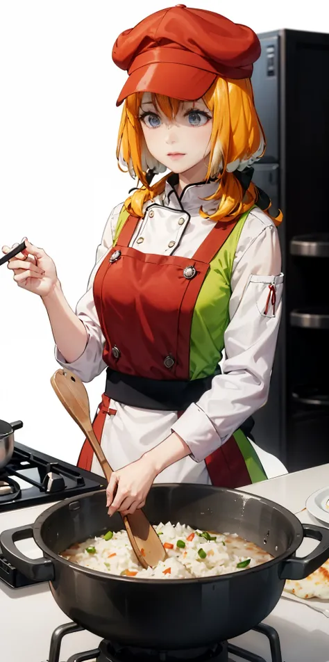 Create a virtual female chef who is stirring fried rice at the stove. and wears a red chefs shirt and chefs hat on a white background