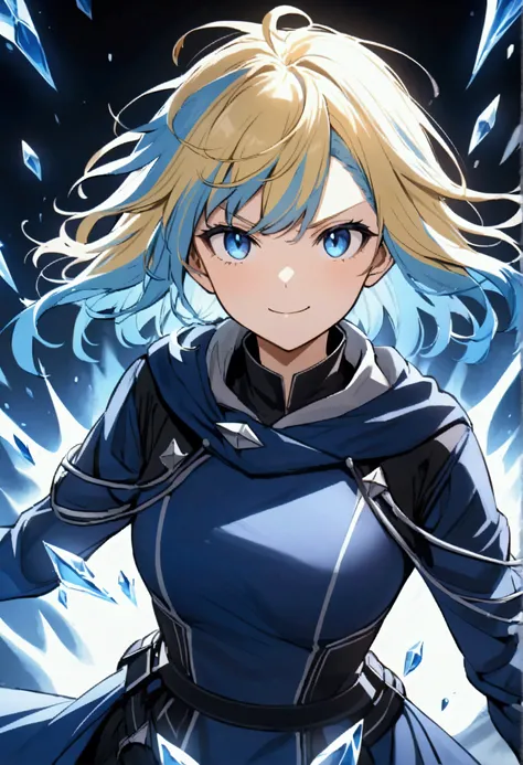 teenage girl, messy hair, medium length hair, multicolored blonde and light blue hair, medium fringe elongated at the edges excited smile, serious face, blue eyes, stylish white and dark blue archer outfit, aura of ice around the character