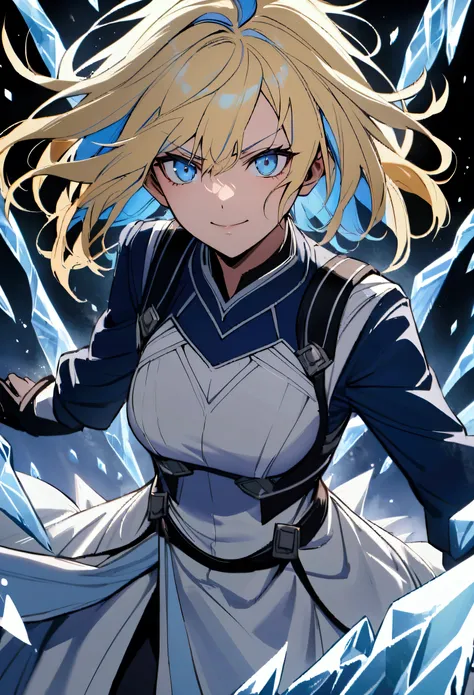 teenage girl, messy hair, medium length hair, multicolored blonde and light blue hair, medium fringe elongated at the edges excited smile, serious face, blue eyes, stylish white and dark blue archer outfit, aura of ice around the character