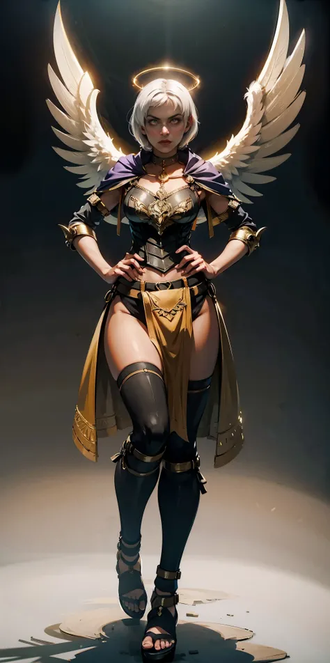 (White background) paladin lady in ornate golden armor, black collar, pauldrons, breastplate, leather corset, glowing halo, short bob hair style, yellow glowing eyes, bright pupils, eye focus, red cape (full body, whole body, 1solo girl) fighter, loincloth...