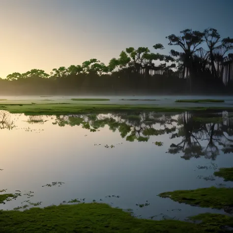 trees in the water are covered with moss and are reflected in the water, a matte painting by roger deakins, flickr, land art, foggy swamp, swampy atmosphere, swamps, scene from louisiana swamps, misty swamp, louisiana swamps, artistic swamp with mystic fog...