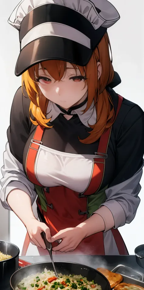 Create a virtual female chef who is stirring fried rice at the stove. and wears a red chefs shirt and chefs hat on a white background