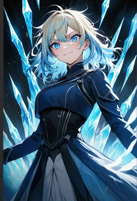 teenage girl, messy hair, medium length hair, multicolored blonde and light blue hair, medium fringe elongated at the edges excited smile, serious face, blue eyes, stylish white and dark blue archer outfit, aura of ice around the character