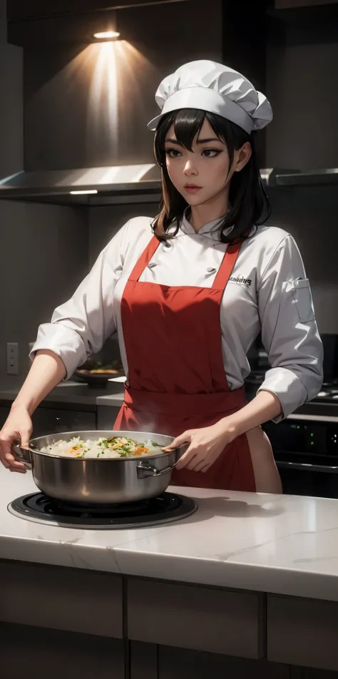 Create a virtual female chef who is stirring fried rice at the stove. and wears a red chefs shirt and chefs hat on a white background
