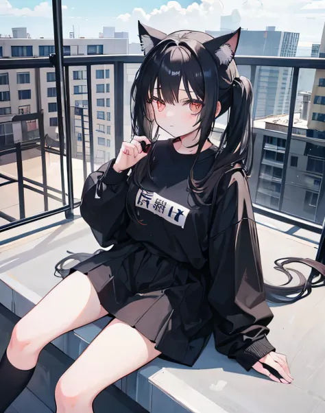 1girl,black twin pigtail-hair,parted bangs,cat-ears,sitting,hospital-rooftop,balcony,oversized long sleeve shirt,black high-knee socks,white eyes