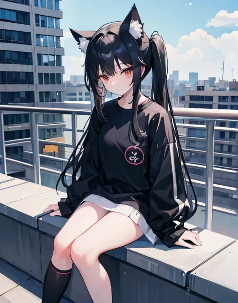 1girl,black twin pigtail-hair,parted bangs,cat-ears,sitting,hospital-rooftop,balcony,oversized long sleeve shirt,black high-knee socks,white eyes