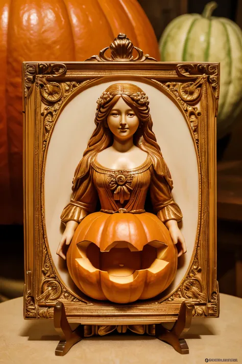 (A carving of a woman standing inside a large pumpkin：1.1），（miniature whole body），Beautiful long-haired girl, red hair，16k，Orange，relief， and honest background：on the plate on the dining table，Fruit carving，food engraving，Three-dimensional engraving，food s...