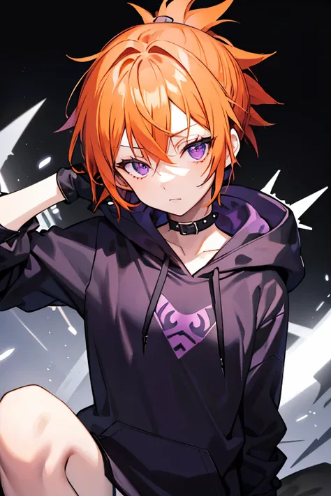 a  girl, orange short messy spiky hair, purple eyes, wearing a closed black hoodie, cursed gloves with an eye on top of each, dark and foggy background