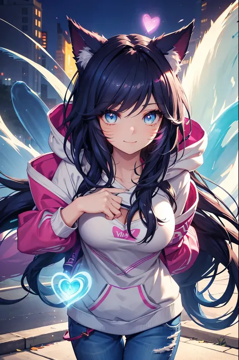 Ahri wearing a casual light grey hoodie,short jeans, beautiful detailed eyes, smiling face, longeyelashes, her tails forming a heart shape behind her, standing on a sidewalk, sun shining, vivid colors, photo-realistic, portraits, medium:illustration. (best...