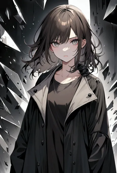 teenage girl, hair tidy, medium length hair, dark brown and white multicolored hair, large strip, gray eyes, neutral face, black wide shirt, very stylish grey and black loose coat, metal shards around the character, very detailed.