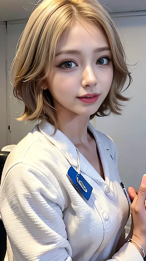 Blonde((Best Quality)), ((masterpiece))｟Smile 1.6｠Wearing a white mask,masterpiece、Cute 20 year old woman、Idol-like face、Loose and fluffy short hair、(detailed),Perfect Face,Japanese,Female nurse,, Wear medical scrubs in the hospital, ，Portrait of a nurse, ...