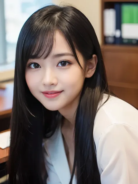 (Best-quality, Masterpiece, Ultra-High-Resolution, (Photorealistic:1.4), Raw Photo, depth of field, professional lighting), (((at office, detailed office))), (1girl, the most famous Japanese-idol, ((innocent smile)), sitting on business-chair), ((((extreme...