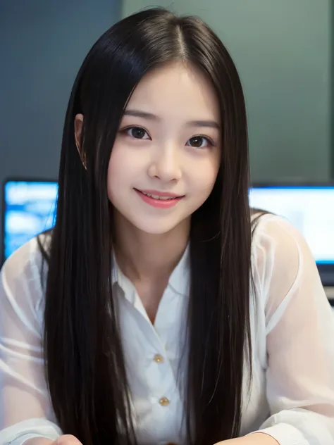 (Best-quality, Masterpiece, Ultra-High-Resolution, (Photorealistic:1.4), Raw Photo, depth of field, professional lighting), (((at office, detailed office))), (1girl, the most famous Japanese-idol, ((innocent smile)), sitting), ((((extremely realistic and e...