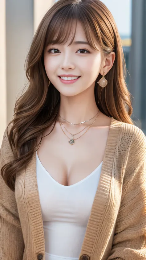 Ultra-high resolution, Superior Quality, Highest quality, Very detailed, Realistic, 8K, RAW Photos, Highest quality, masterpiece, Attractive girl, Awesome girl, Light brown hair、Wavy Hair、 hairstyle semi long、Mesh Hair, Japanese Idols, ear piercing、Necklac...