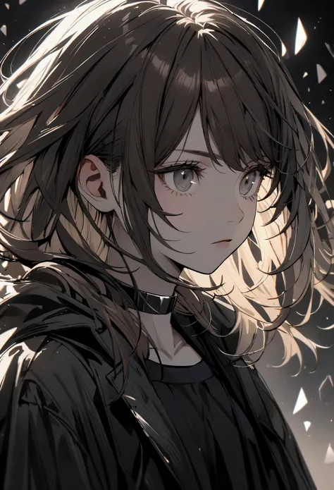 teenage girl, hair tidy, medium length hair, dark brown and white multicolored hair, large strip, gray eyes, neutral face, black wide shirt, very stylish grey and black loose coat, black neck bracelet, metal shards around the character, very detailed.