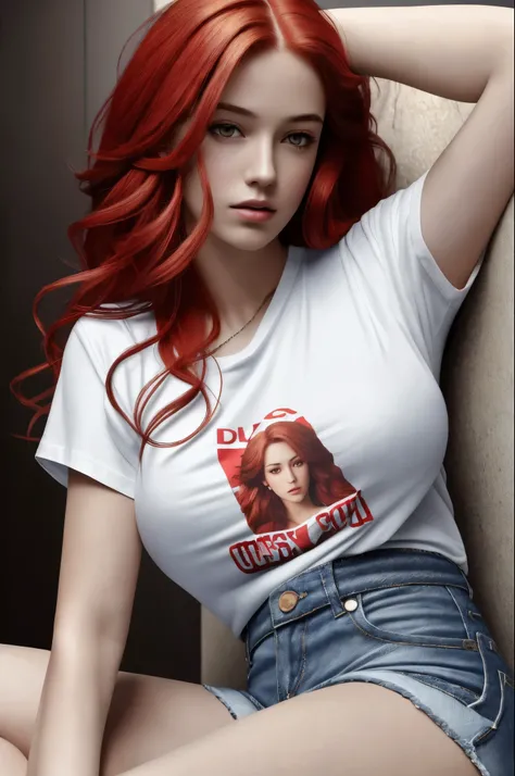 Best quality, masterpiece, ultra high res, portrait, (photorealistic: 1.4), raw photo, 1girl, big breasts, random red hair, detailed hair textures, panties, detailed face textures, small t-shirt, tight white, jean shorts, neckline