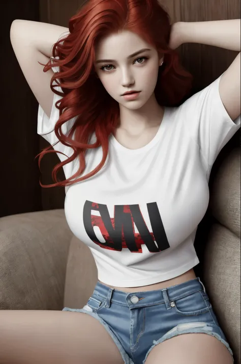 Best quality, masterpiece, ultra high res, portrait, (photorealistic: 1.4), raw photo, 1girl, big breasts, random red hair, detailed hair textures, panties, detailed face textures, small t-shirt, tight white, jean shorts, neckline