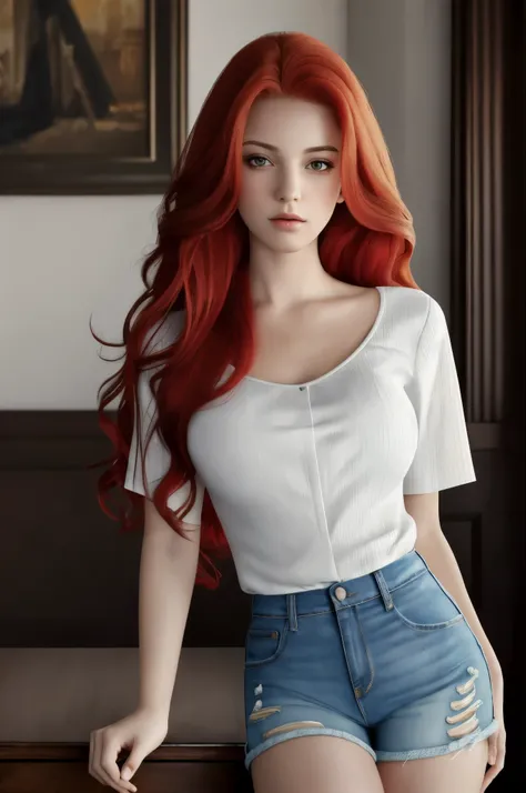 Best quality, masterpiece, ultra high res, portrait, (photorealistic: 1.4), raw photo, 1girl, big breasts, random red hair, detailed hair textures, detailed face textures, blouse, small, white, tight, jean shorts, neckline