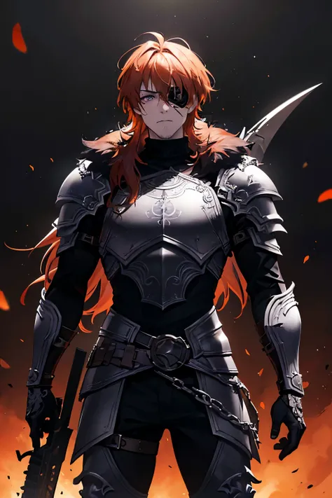 a muscular 26 year old man with purple eyes, medium messy orange hair, wearing a full black armor with grey fur adornments, an eyepatch, hand on chest as if in pain, intricate details, highly detailed face, dramatic lighting, cinematic, dark fantasy, gritt...