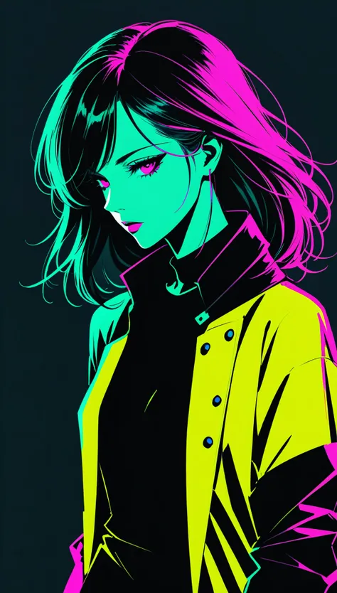 in style of Bradley K. in style McDevitt,in style of Hans Hartung
 character concept design,half body,1girl，Fluorescent romantic style，