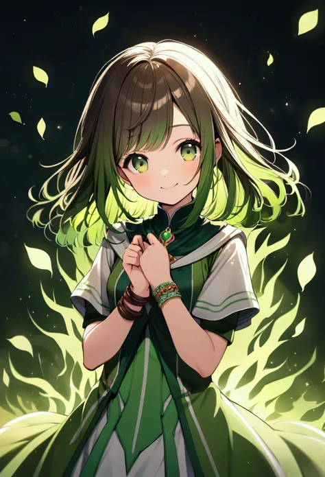 teenage girl, shorty, hair tidy, medium length hair, dark brown and multicolored green hair, normal face, cute smile, proud expression,  Dark green eyes, stylish white and green healer dress, very detailed bracelets, aura of leaves around the character, ve...