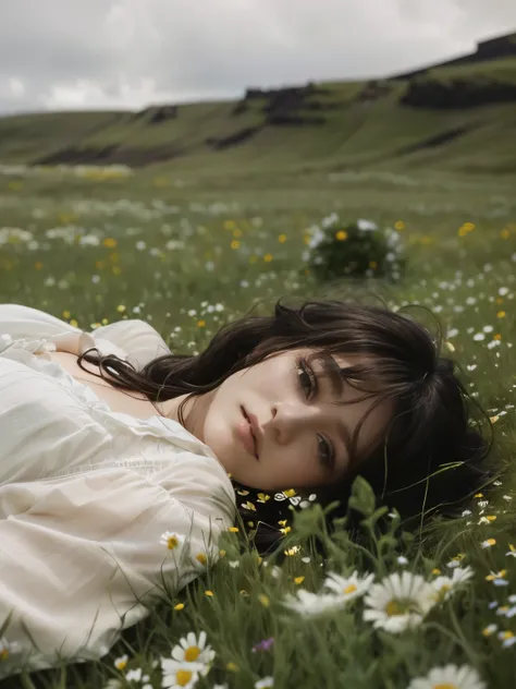 there is a woman laying in the grass with flowers in her hand, girl in a bed of flowers, in a field of flowers, in a field with flowers, lying on a bed of daisies, kiera knightly in repose, girl floating in a floweeld, by irakli nadar, iceland photography,...