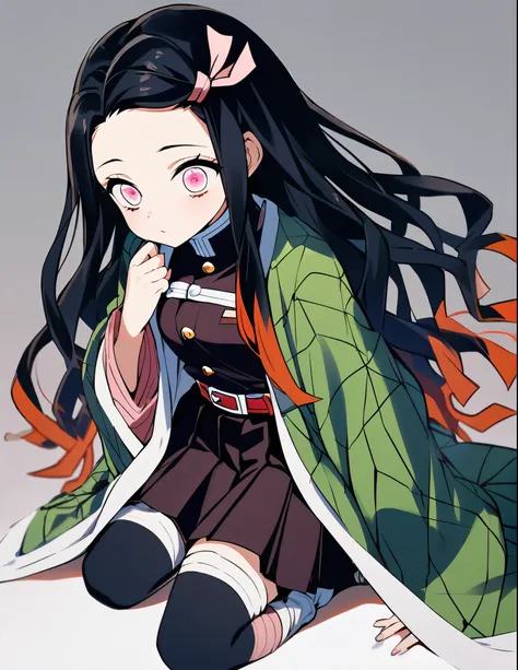 1girl, Alone, Nezuko Kamado , Kimetsu no yaiba, human, demon slayer uniform, blue haori, black stockings, 