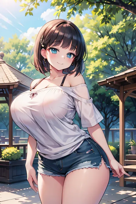 anime illustration、high resolution、a sad smile、a short, busty, chubby gal、natural parks、shaded gazebo、neat off-shoulder shirt、sh...