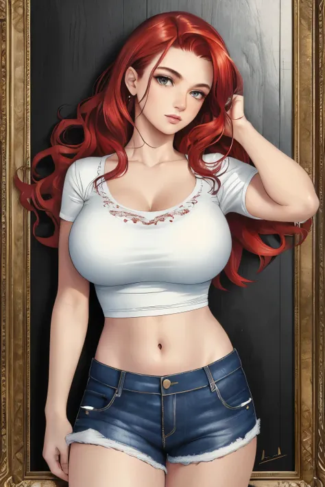 best quality, masterpiece, ultra high res, portrait, (photorealistic: 1.4), raw photo, 1girl, big breasts, random red hair, detailed hair textures, detailed facial textures, top, fair, white, Black, tight, shorts jeans, neckline, showing the belly