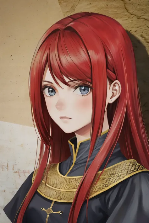 best quality, masterpiece, ultra high res, portrait, (photorealistic: 1.4), raw photo, 1girl, big breasts, random red hair, detailed hair textures, detailed facial textures, (Medieval armor)