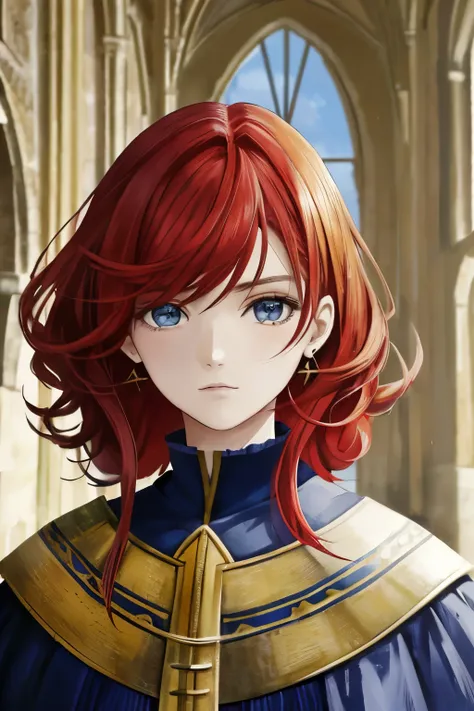 best quality, masterpiece, ultra high res, portrait, (photorealistic: 1.4), raw photo, 1girl, big breasts, random red hair, detailed hair textures, detailed facial textures, (Medieval armor), long legs