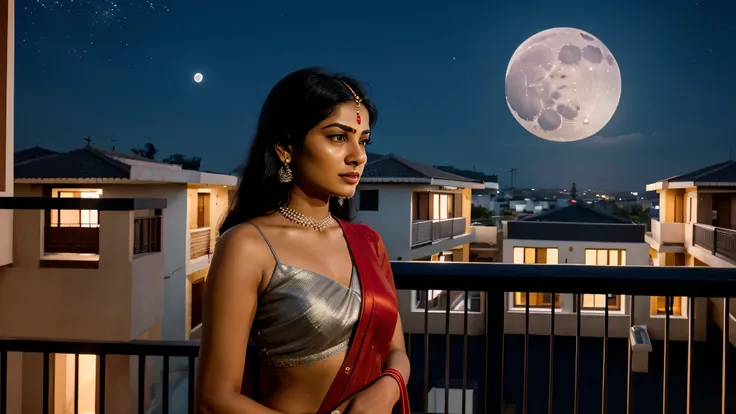 Nighttime, worried face looking at the moon
A wide shot of indian woman wearing red saree, standing on the balcony at night, gazing up at the full moon. The sky is clear with stars twinkling. Her face is a mix of worry and contemplation, the silver moonlig...