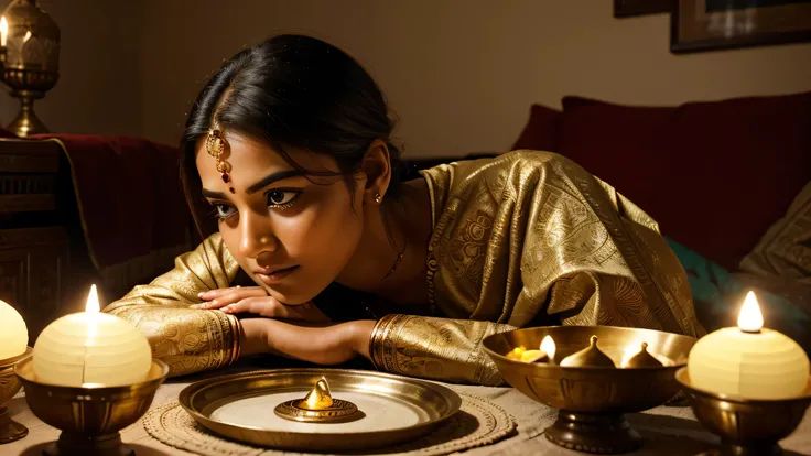 A close-up shot of the same woman, now seated alone in her living room. Her hand touches her forehead, and her face shows signs of fatigue. The background shows a thali (plate) with a decorated sieve and diya (lamp), as she waits to break her fast. The lig...