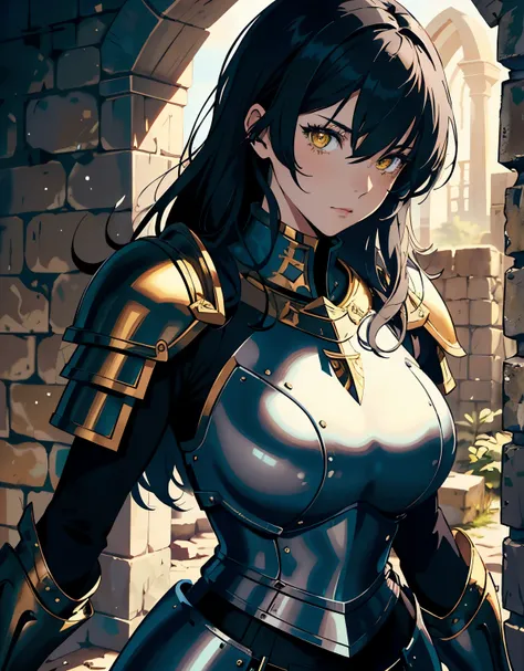 ((masterpiece, best quality)), (1girl, anime girl in a dungeon, crusader, medieval style),(elegant), (solo), (female focus), (black hair, messy hair),yellow eyes, ((heavy crusader armor)), pale skin, divine, portraits, close up, upper body, medieval vibes,...