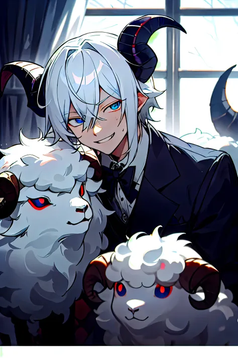 male、Butler、devil、devilのような表情、scared、Horror、Curled horns like a sheep、Ram-like horns、Sheep horns、blue eyes、Cold Light、Light from the window、White Hair、Dark Window、nightの窓、night、月night、Crazy smile、Smirk、Sneer、Dark Room、dark、Intimidation