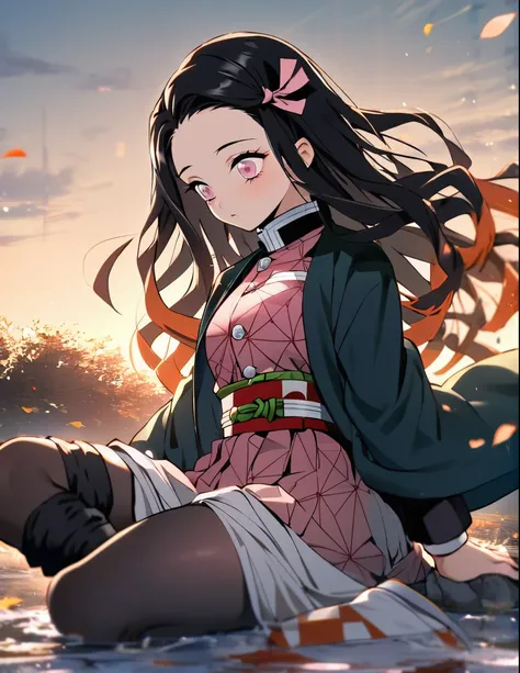 1girl, Alone, Nezuko Kamado , Kimetsu no yaiba, human, demon slayer uniform, blue haori, black stockings, 