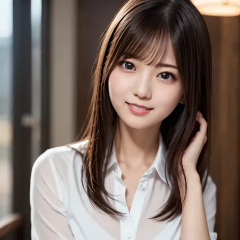 White shirt, 複雑でbeautiful目, woman, womanらしい黒髪, (Delicate and realistic hair, 1 1 Realistic Hair), bangs, Natural color lips, smile, ((white indoor)), indoor, (18 year old woman: 1. 2), Young and adorable Japanese face, Official Art, High resolution CG Unit...
