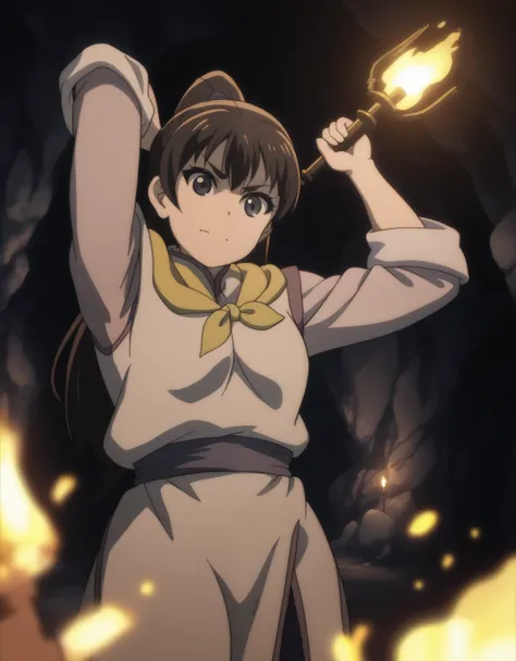 score_9,  score_8_up, score_7_up, gsfghtr, multicolored robe, neckerchief,
1girl, frown, smile mouth, holding torch, cave, dim lighting, two arms up