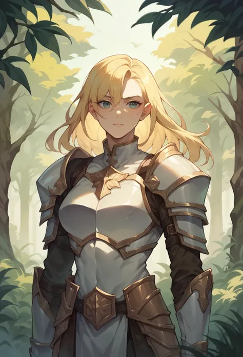 1girl, solo, blonde hair, light armor, forest background