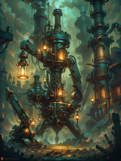 a heavy machinery, excavator, industrial machinery, construction site, gaslight, fantasy, gothic, dramatic lighting, cinematic, chiaroscuro, detailed gears and mechanisms, intricate details, steam punk, dark fantasy, moody atmosphere, muted colors, dramati...
