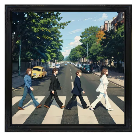 arafed picture of a group of people crossing a street, poster framed, painting of the beatles, framed poster, beatle, the beatles, crossing road, hd —h 1024, greatest art ever made, mega, 1024x1024, masterpiece work of art, square pictureframes, famous pho...