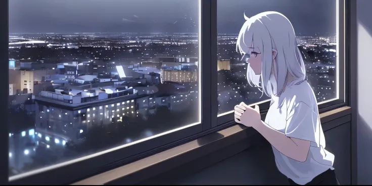 Top Quality, Masterpiece, 8k, (1 girl: 1.3), beautiful girl, looking at night from balcony, upper body, posed on elbows, relaxed, (looking outside), rough clothes, (simple white shirt: 1.3), medium hair, (silky hair), night city view from window, (large wi...