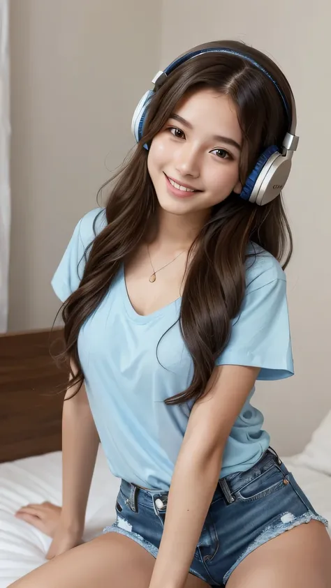 Girl with long wavy hair. On her bed. Smiling. Wearing headphones. Listening to music. Moles on her face. Light eyes. Loose shirt with a low neckline. Denim shorts. Her legs are visible.