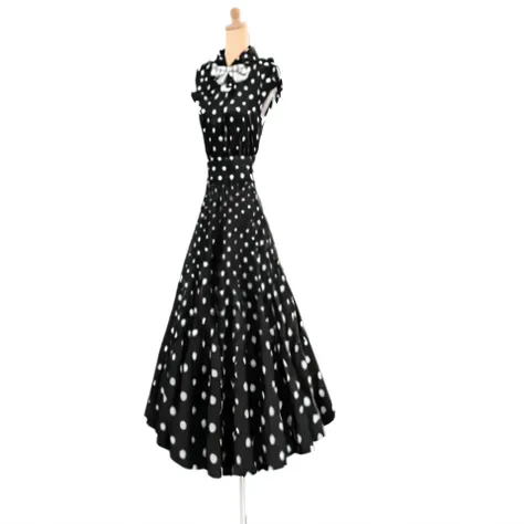 a black and white polka dot dress on a mannequin mannequin, polka dot, frock, 5 0 s style, 50s style, polkadots, rockabilly style, imvu, rockabilly, black and white spots, 2k, 2 k, dressed, black dots, retro 5 0 s style, black and white clothes, ! haute co...