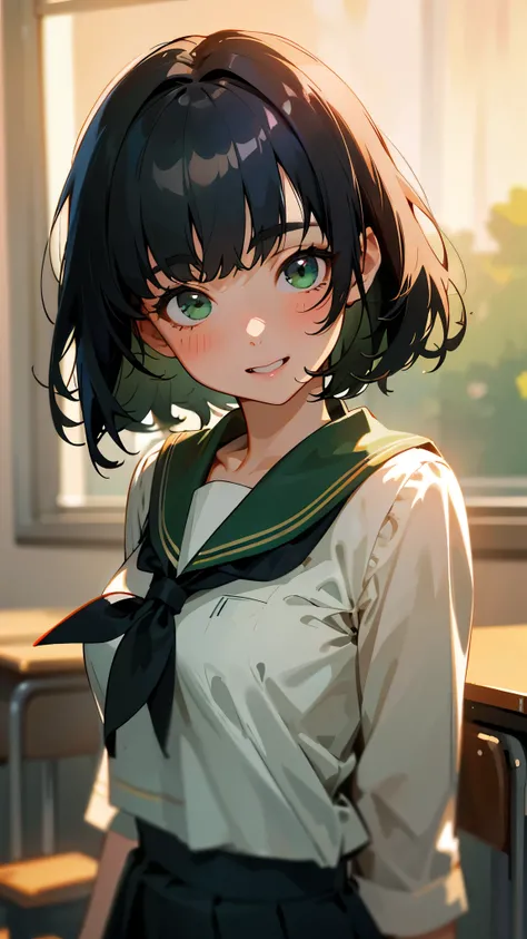 (Best Quality、8k、32K、masterpiece、nffsw、Super A high resolution、Impressionism、Realism:1.2)、Beautiful girl、solo、Busty、Detailed face and eyes、Short Hair、Beautiful black hair、Blunt bangs、Green Eyes、Laughing with your mouth open、Glowing Skin、Sailor suit、Pleated...