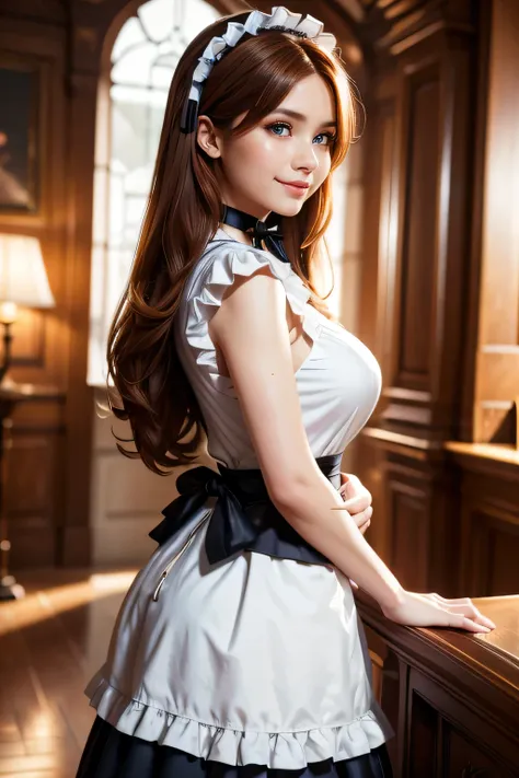 A pretty maid. best quality, masterpiece, Auburn hair, sky blue eyes, wearing a steriotypical French maid outfit, (headdress、white blouse、black ribbon、White Apron、ruffle skirt、puff sleeves、collar、choker、apron with fine ruffles：1.3)、black maid costume). loo...