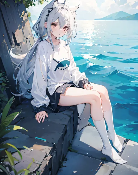 1girl,silver messy hair,hair between eyes,shark-tail,sitting,ocean-floor,oversized long sleeve shirt,high-knee socks,white eyes