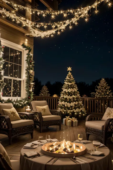 A cozy outdoor patio with twinkling Christmas lights, a large lush tree, and comfortable seating for holiday gatherings, highly detailed, photorealistic, 8k, intricate, warm lighting, glowing ambiance, (best quality,4k,8k,highres,masterpiece:1.2),ultra-det...